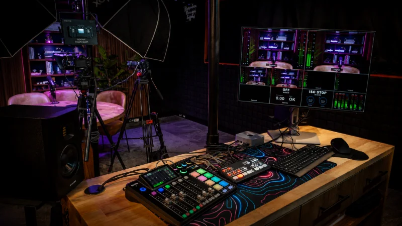 Wide view of the edit desk with the studio floor, backdrop and cameras visible beyond it