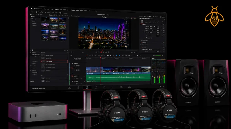 The edit desk: Dell UltraSharp reference monitor running DaVinci Resolve, Mac Mini M4, Adam Audio monitors and three Sony MDR-7506 headphones