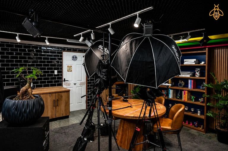 Podcast table set with Godox octa softboxes