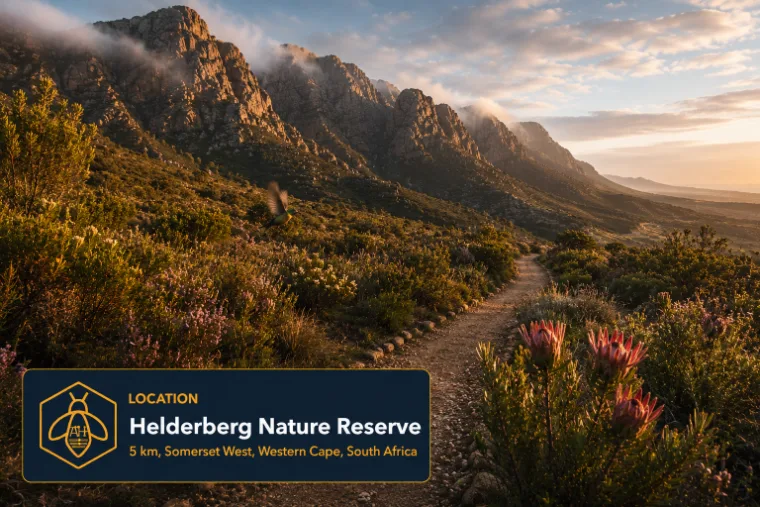 A fynbos walking trail through proteas in the Helderberg Nature Reserve, mist on the peaks above