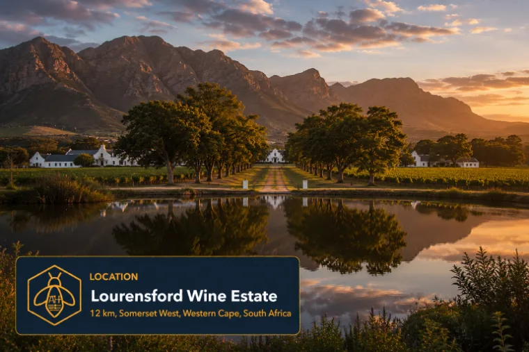 The oak-lined avenue and Cape Dutch werf at Lourensford, mirrored in the dam with the Helderberg behind