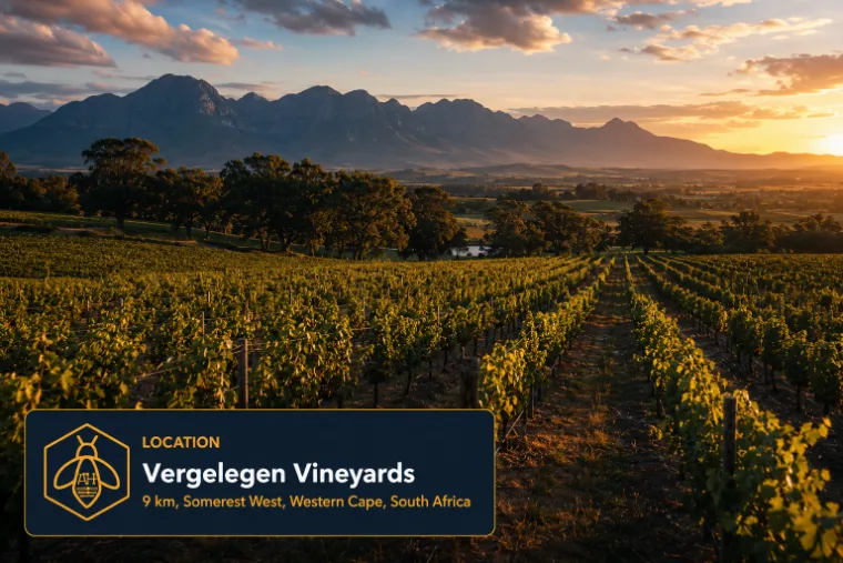 Vineyard rows at Vergelegen running toward the mountains in late afternoon light