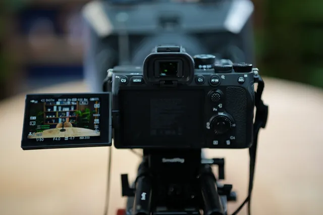 Close-up of a full-frame camera lens on the studio floor