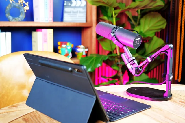 Shure SM7B broadcast microphone on a desktop studio arm